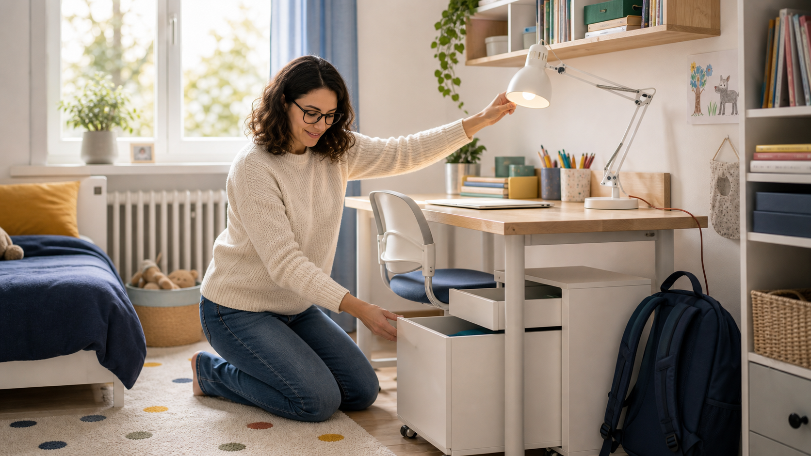 Melina Klang prüft im Kinderzimmer Lampe, Schubladen und Sitzplatz am Hausaufgabenschreibtisch