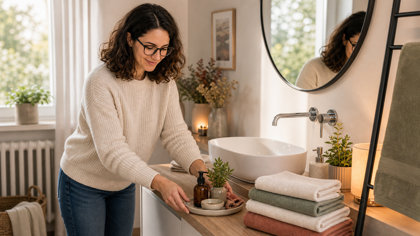 Melina Klang arrangiert im Bad frische Handtücher, warmes Licht und eine kleine Ablage für den Herbst