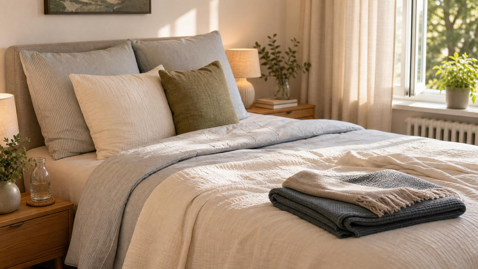 Ruhiges Schlafzimmer mit leichter Übergangsdecke, zweiter Decke am Fußende und offenem Fenster