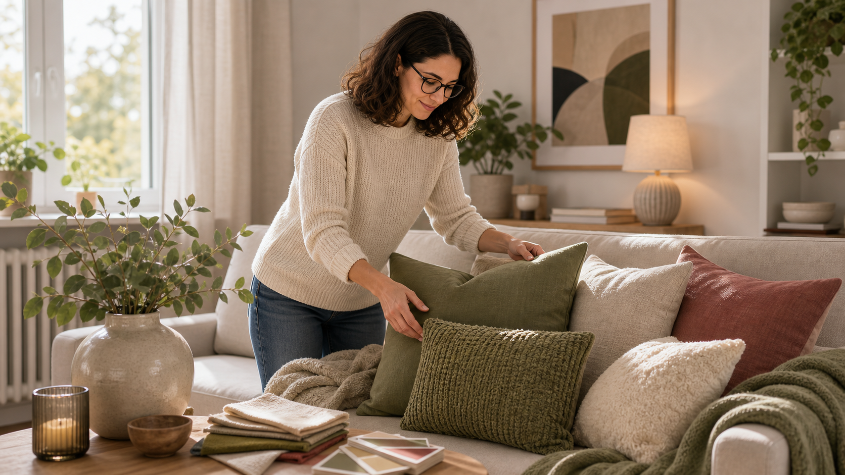 Melina Klang kombiniert im Wohnzimmer Kissen und Stoffe in Olive, Moss, Sand und warmen Akzenten