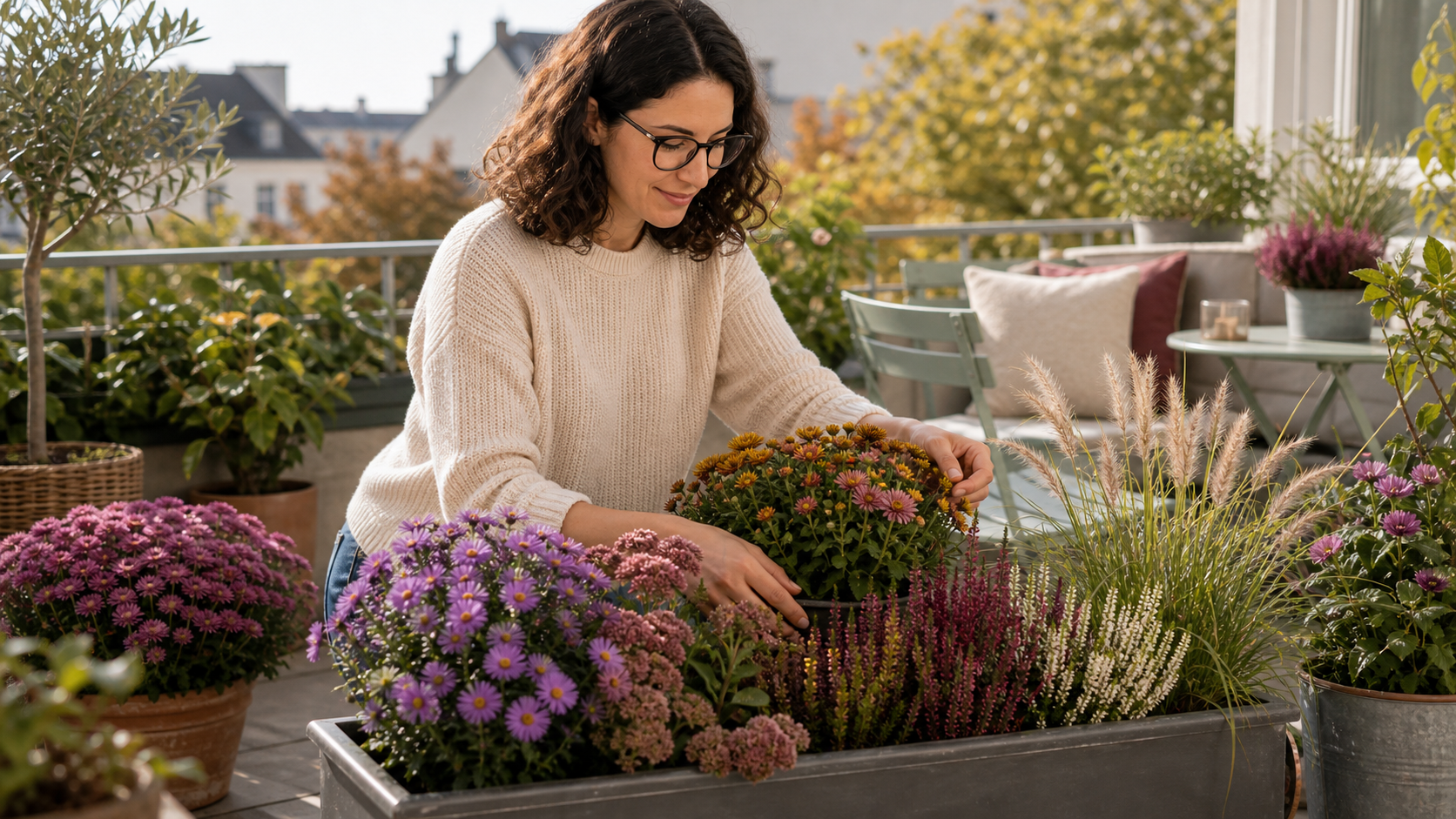 Melina Klang arrangiert Herbstblüher, Gräser und Pflanzgefäße auf Balkon und Beet