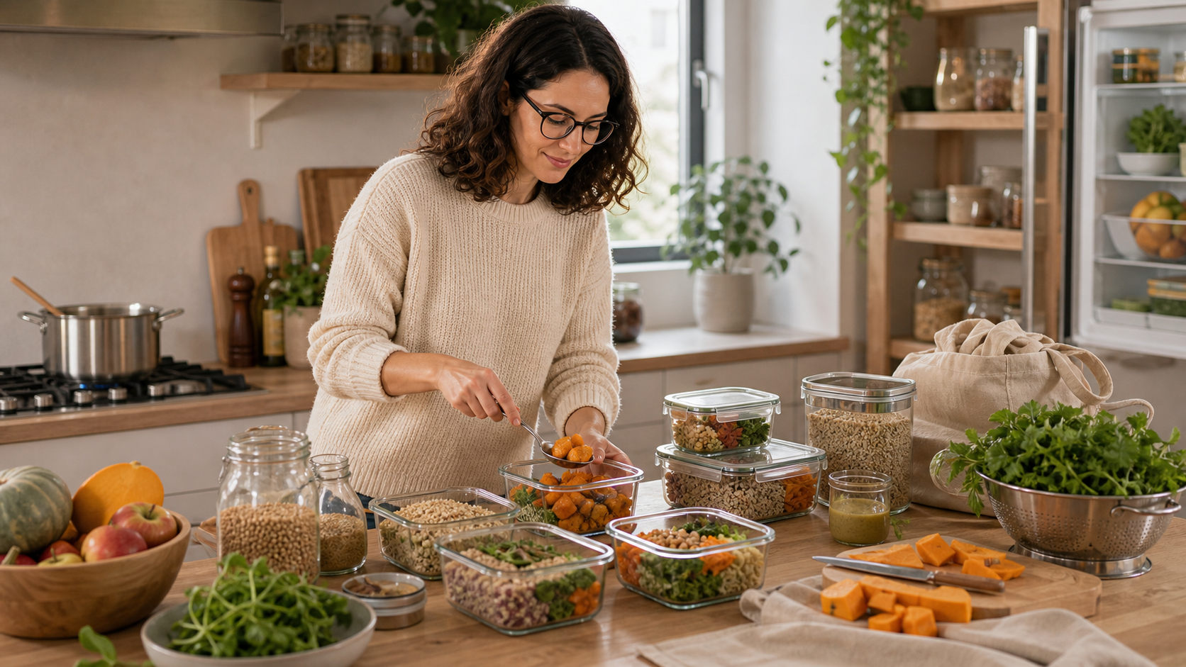 Melina Klang organisiert in der Küche Meal-Prep-Boxen, Gemüse und Vorräte für volle Septemberwochen