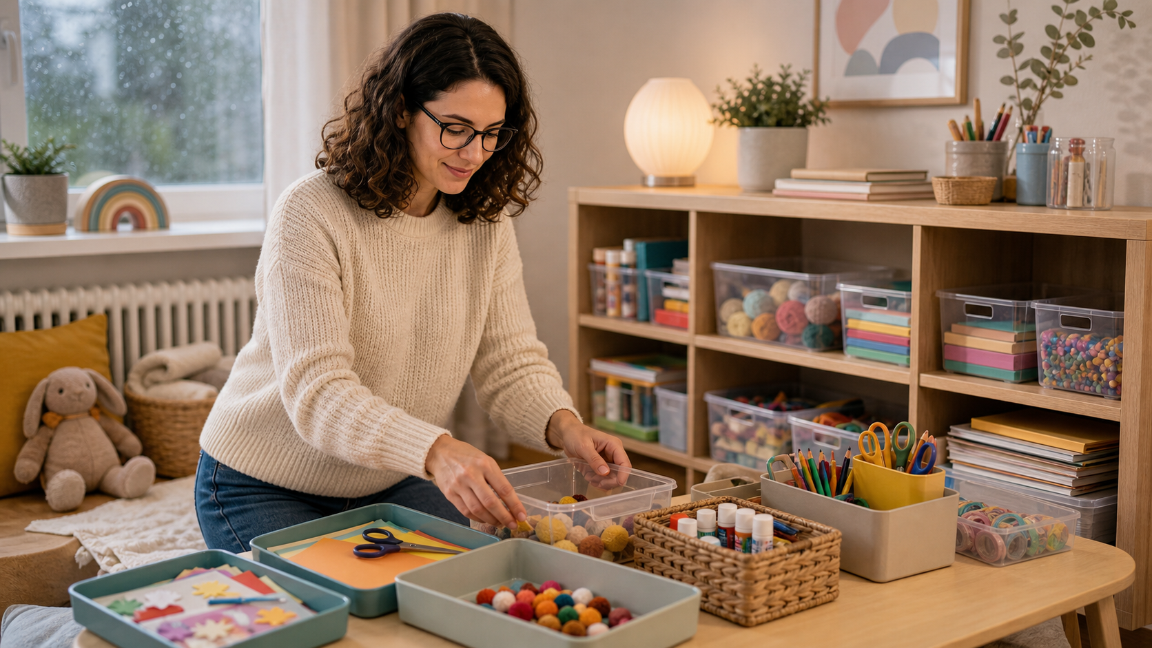 Melina Klang sortiert Bastelmaterial im Kinderzimmer in offene Boxen und Regalfächer