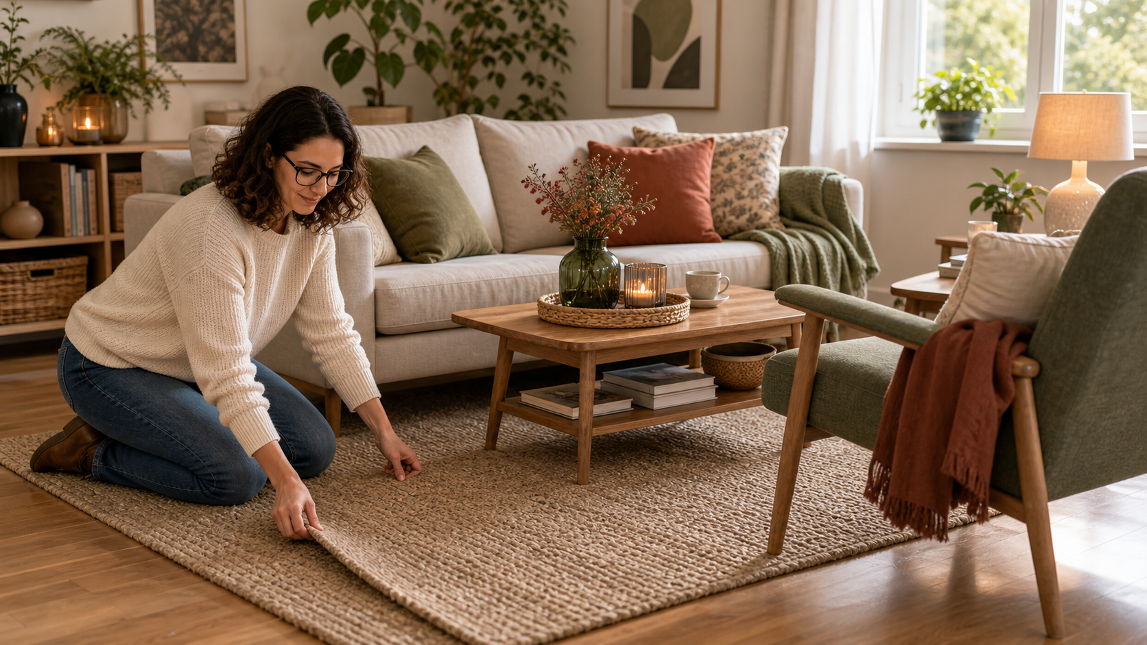 Melina Klang richtet im Wohnzimmer einen großen Teppich passend unter Sofa, Sessel und Couchtisch aus