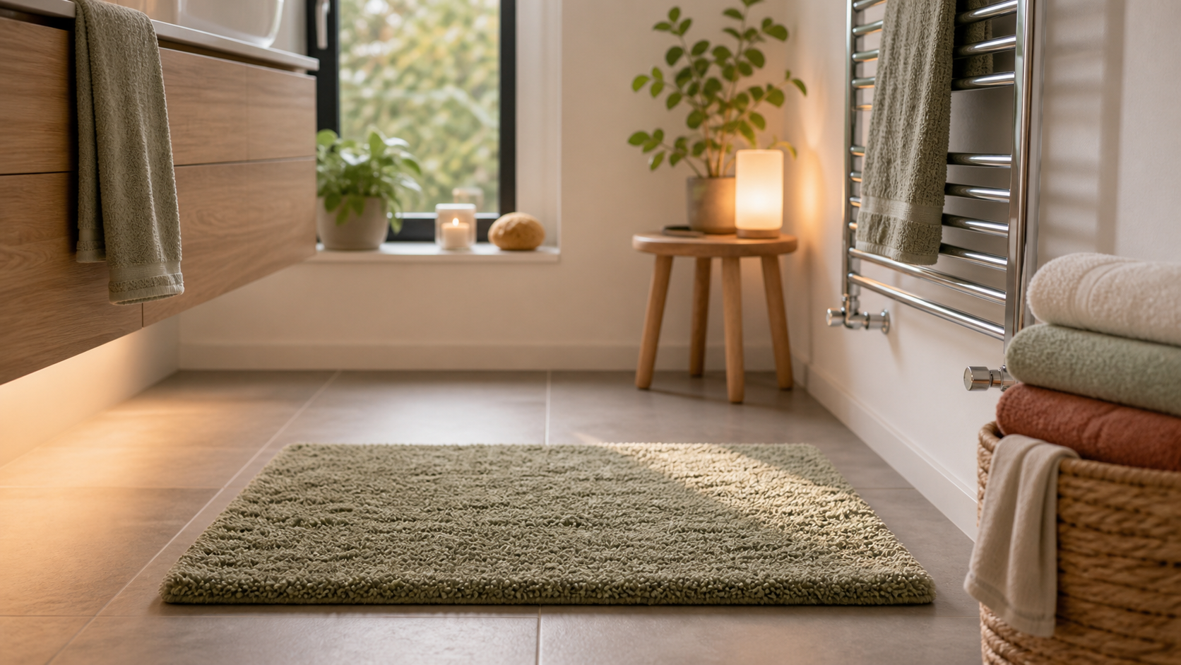 Helles Badezimmer mit trockener Badematte, Handtüchern und freiem Heizkörperbereich für warme Füße