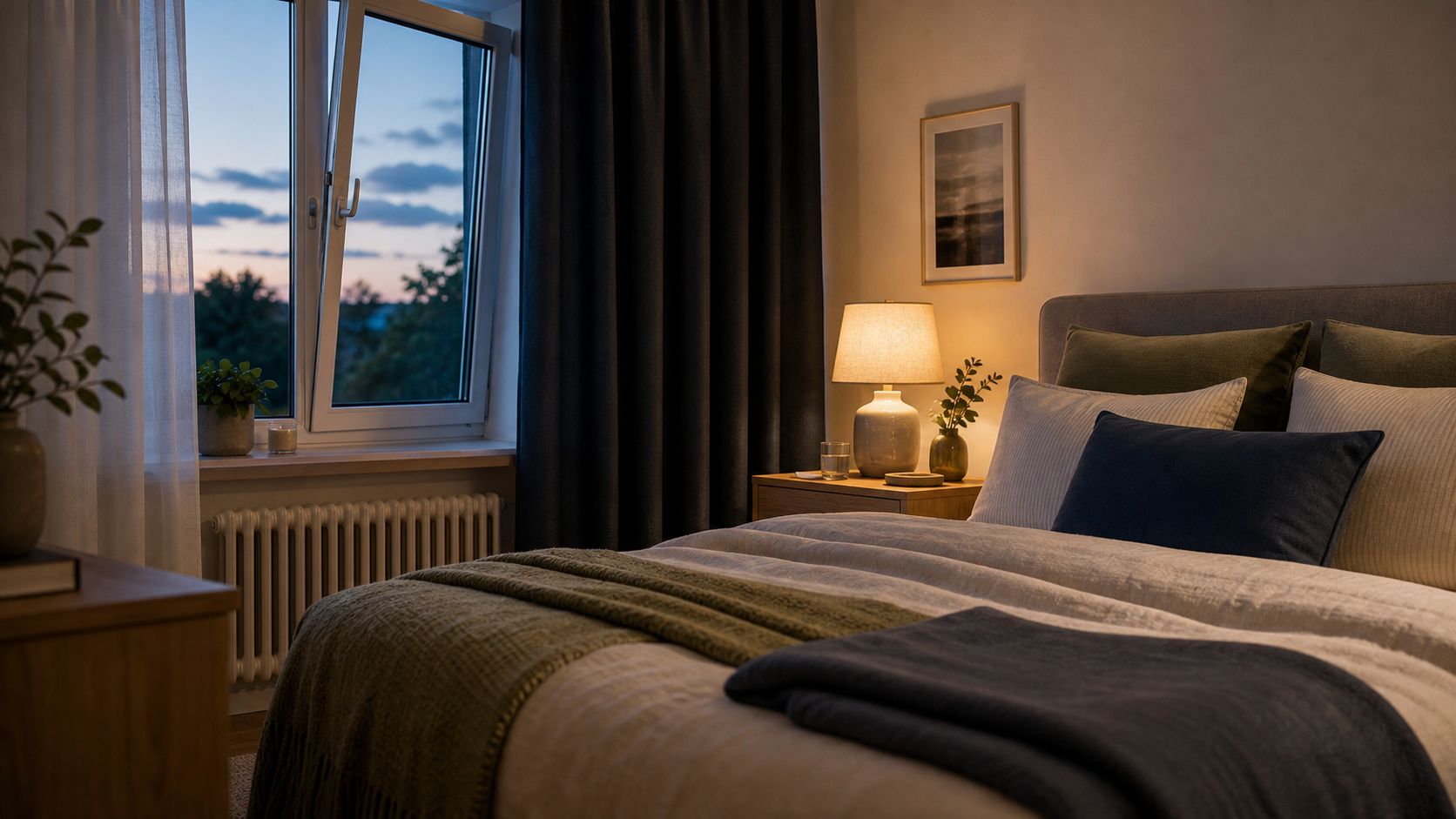 Ruhiges Schlafzimmer im Herbst mit sanftem Licht, geöffnetem Fenster und geordnetem Nachttisch