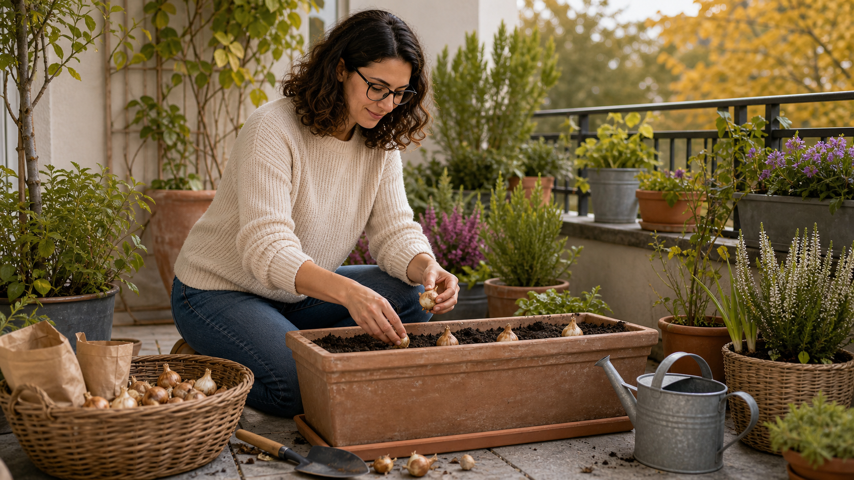 Melina Klang setzt im September Blumenzwiebeln in einen Balkonkasten mit Erde und Pflanzkelle
