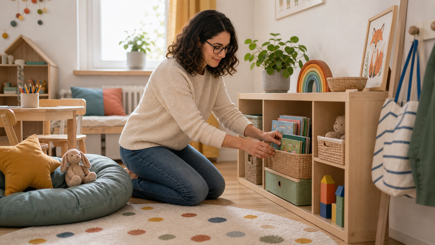 Melina Klang kniet im Kinderzimmer auf Augenhöhe und richtet niedrige Regale, Körbe und Haken aus