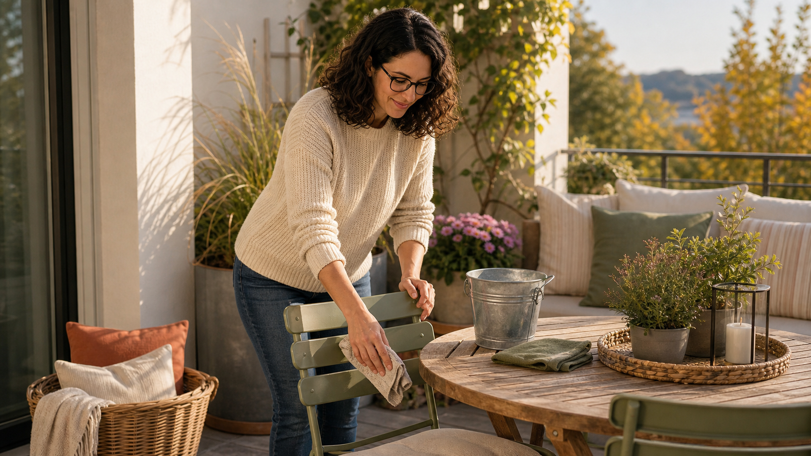 Melina Klang reinigt Gartenmöbel auf der Terrasse und lässt den Sitzplatz für Septembertage nutzbar
