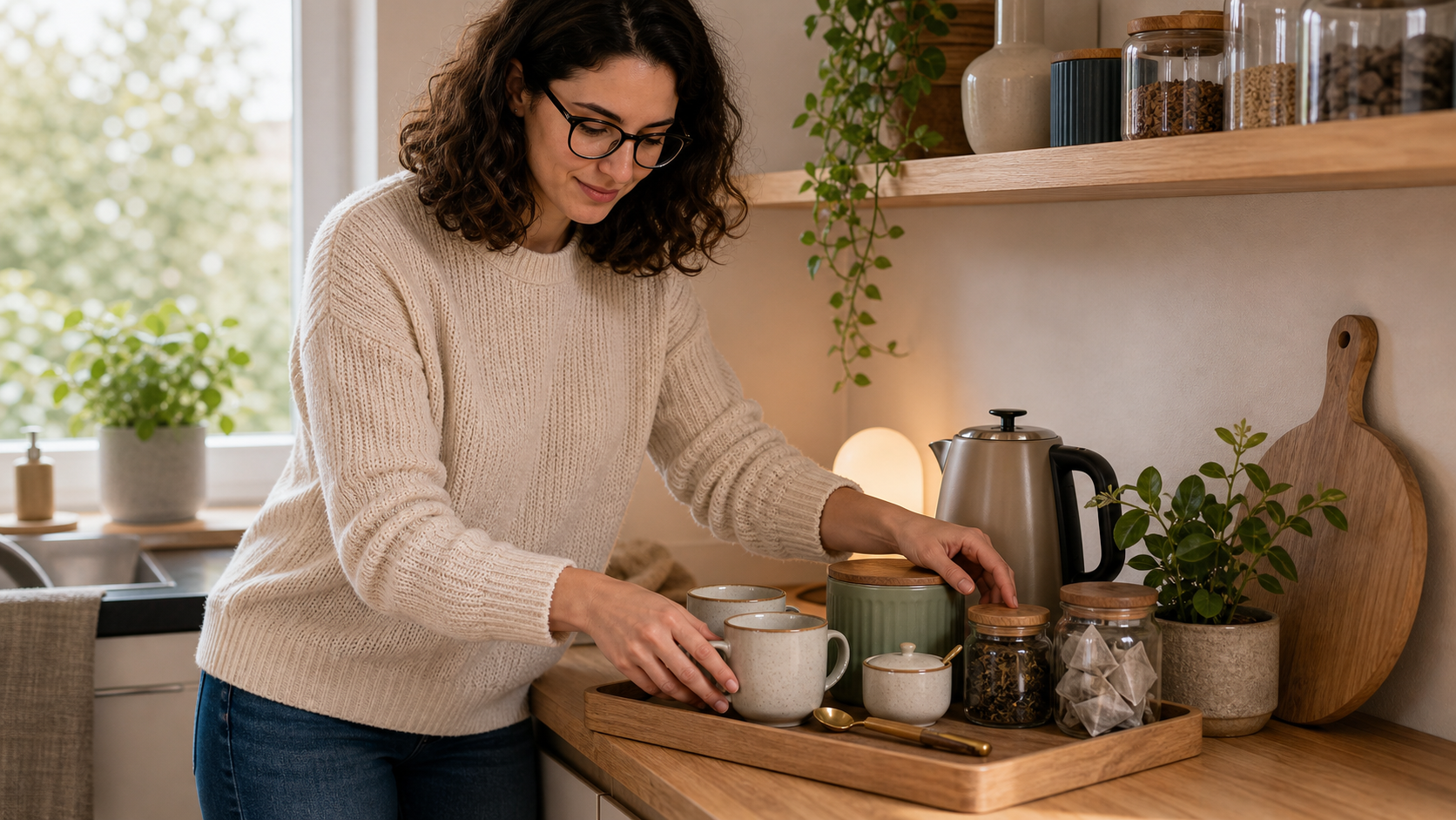 Melina Klang arrangiert in der Küche eine platzsparende Tee- und Kaffeezone mit Tassen, Kanne und Vorratsgläsern
