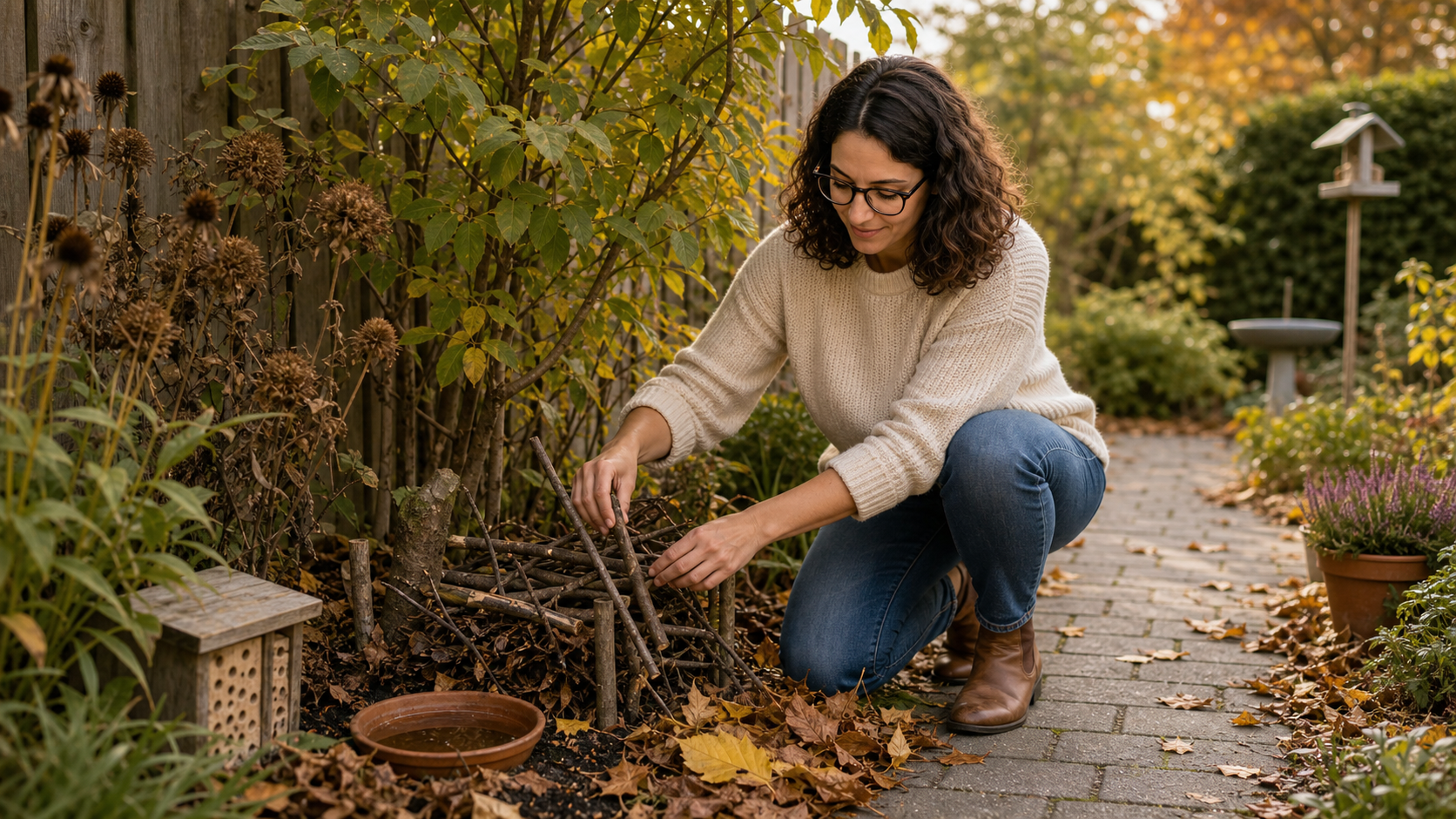 Melina Klang bereitet im Garten eine naturnahe Ecke mit Laub, Reisig und Samenständen für den Winter vor