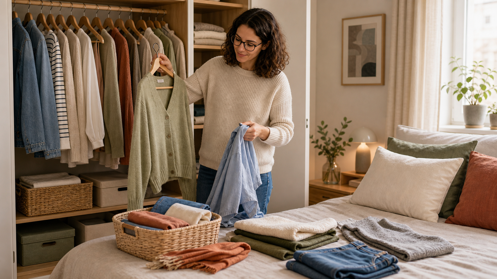 Melina Klang sortiert im Schlafzimmer Sommerkleidung, Strickjacken und Übergangsteile im Kleiderschrank