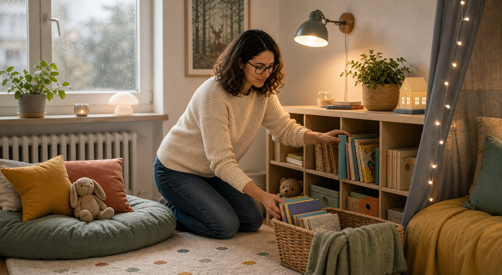 Melina Klang richtet im Kinderzimmer eine warme Leseecke mit Lampe, Sitzkissen und erreichbaren Büchern ein