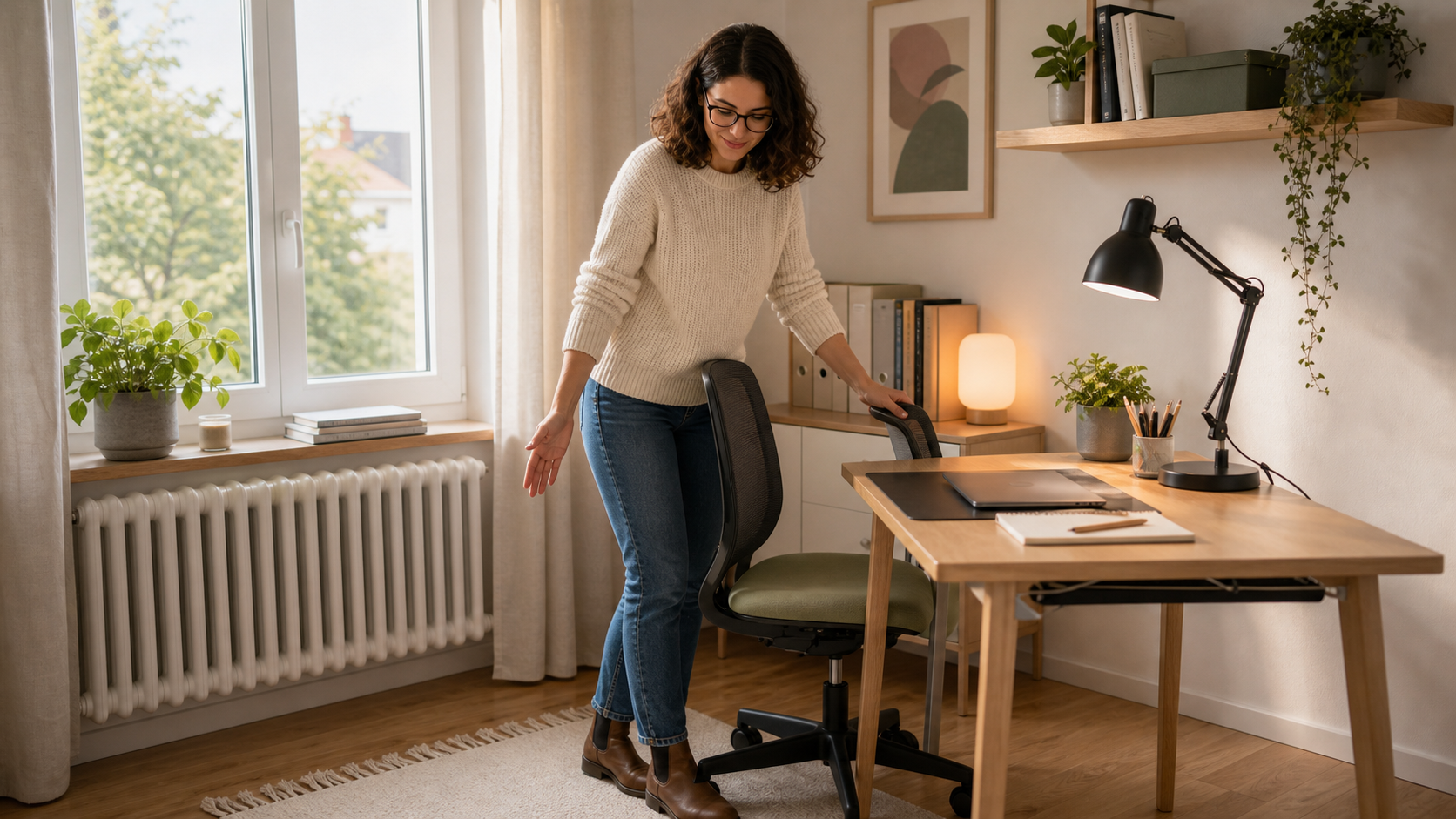 Melina Klang zeigt im Homeoffice einen freien Heizkörperbereich neben dem Schreibtisch