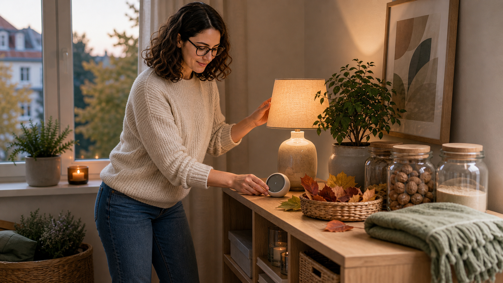 Melina Klang arrangiert zu Hause Lampe, Hygrometer, Blätter, Vorratsgläser und Herbsttextilien als September-Check