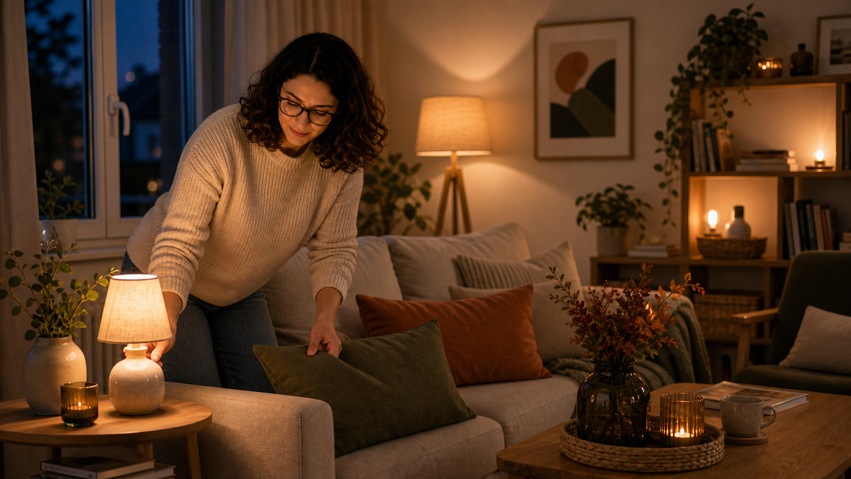 Melina Klang schaltet in einem herbstlichen Wohnzimmer mehrere kleine Lampen für warme Lichtinseln ein