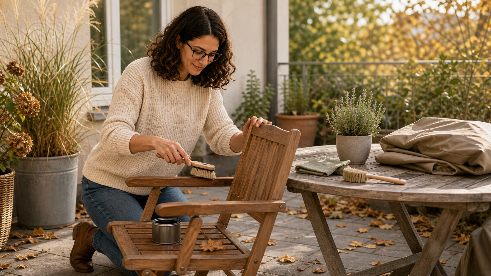 Melina Klang pflegt auf einer Herbstterrasse Gartenmöbel mit Tuch, Öl und vorbereiteter Abdeckung