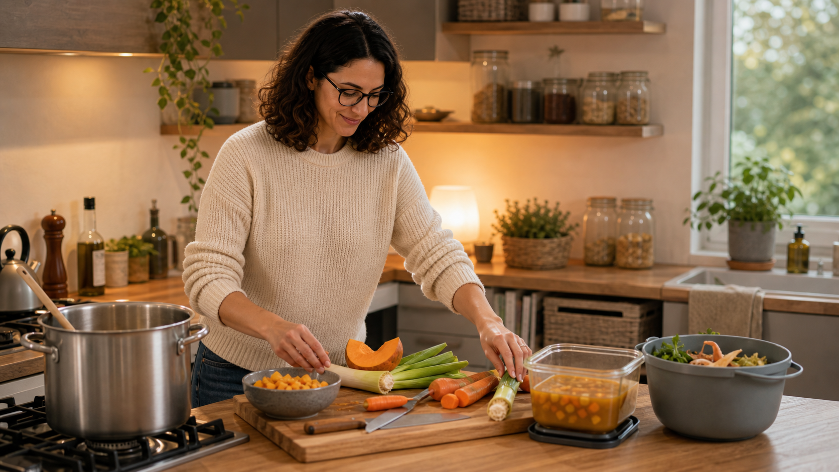 Melina Klang organisiert in einer warmen Küche Topf, Gemüse, Vorräte und Restebehälter für Suppenzeit