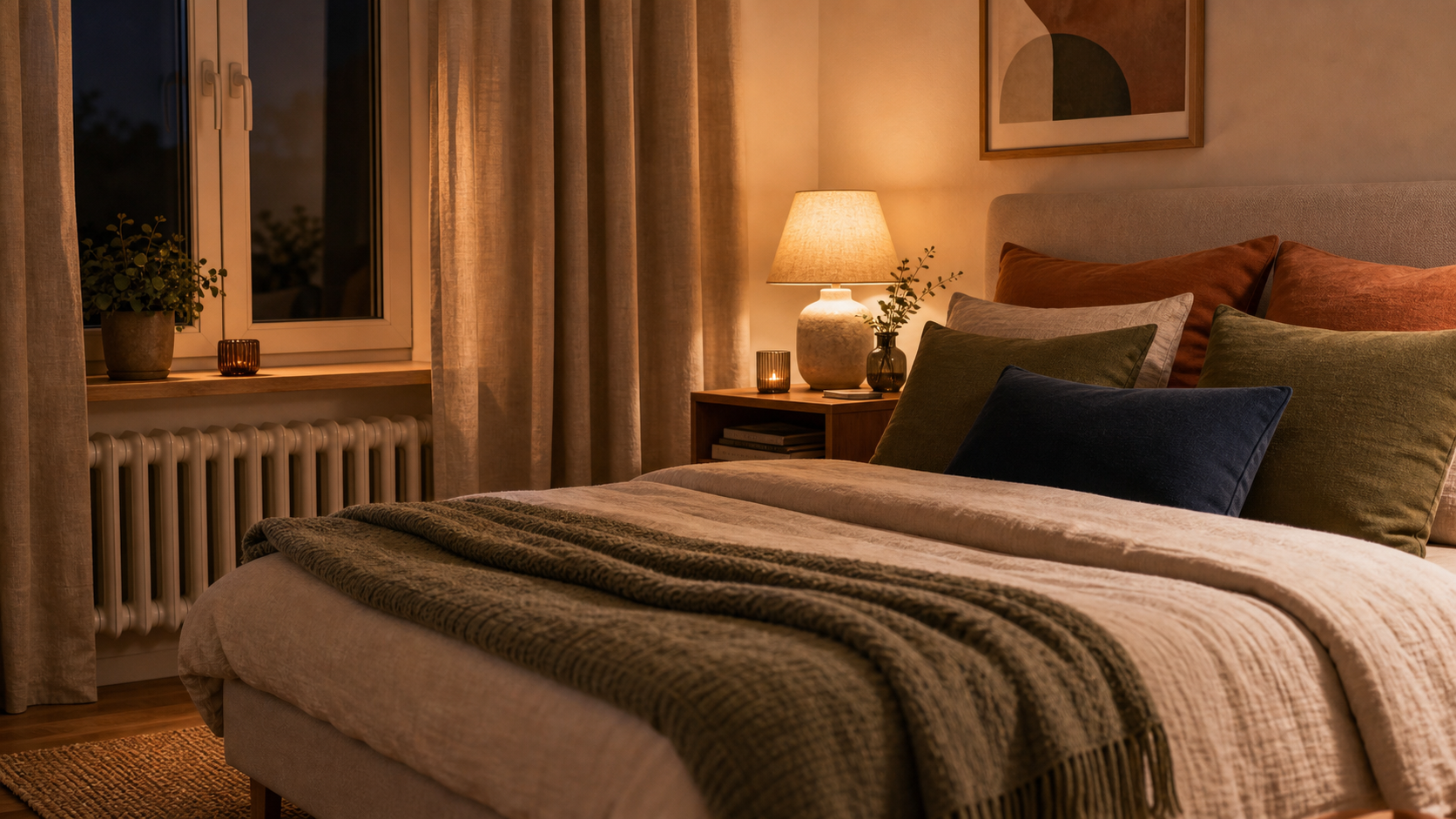 Herbstliches Schlafzimmer mit warmem Licht, Wollplaid, Teppichkante und ruhiger Bettwäsche