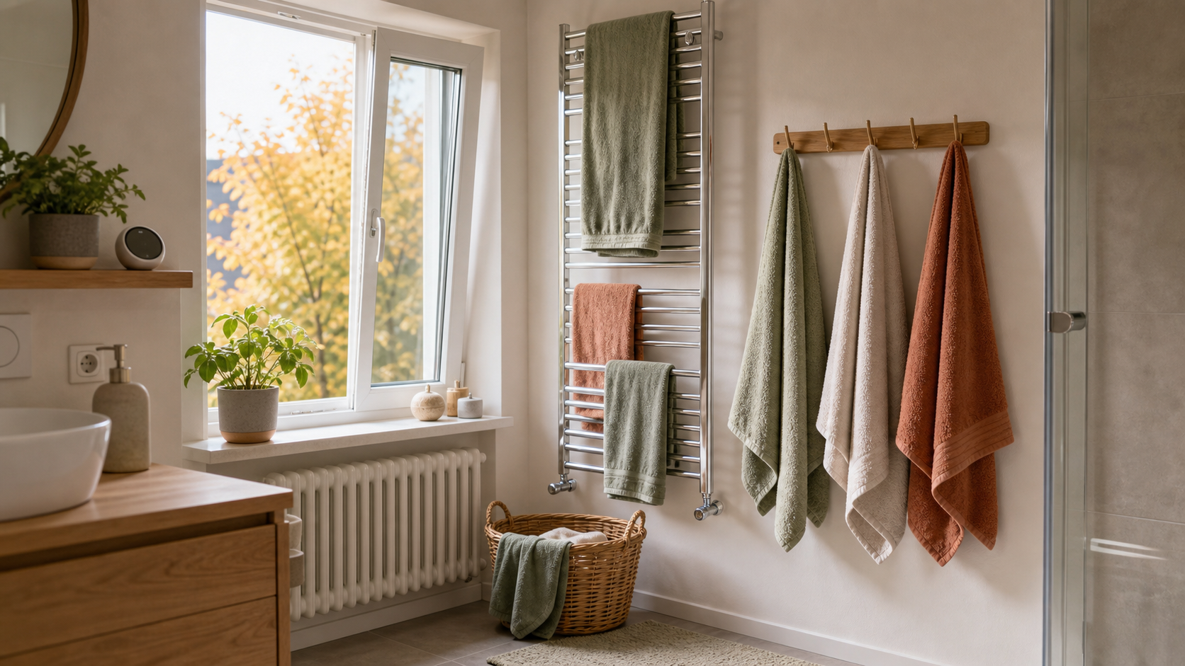 Helles Bad mit Handtüchern auf Abstand, offenem Fenster, Hygrometer und trockener Ablage
