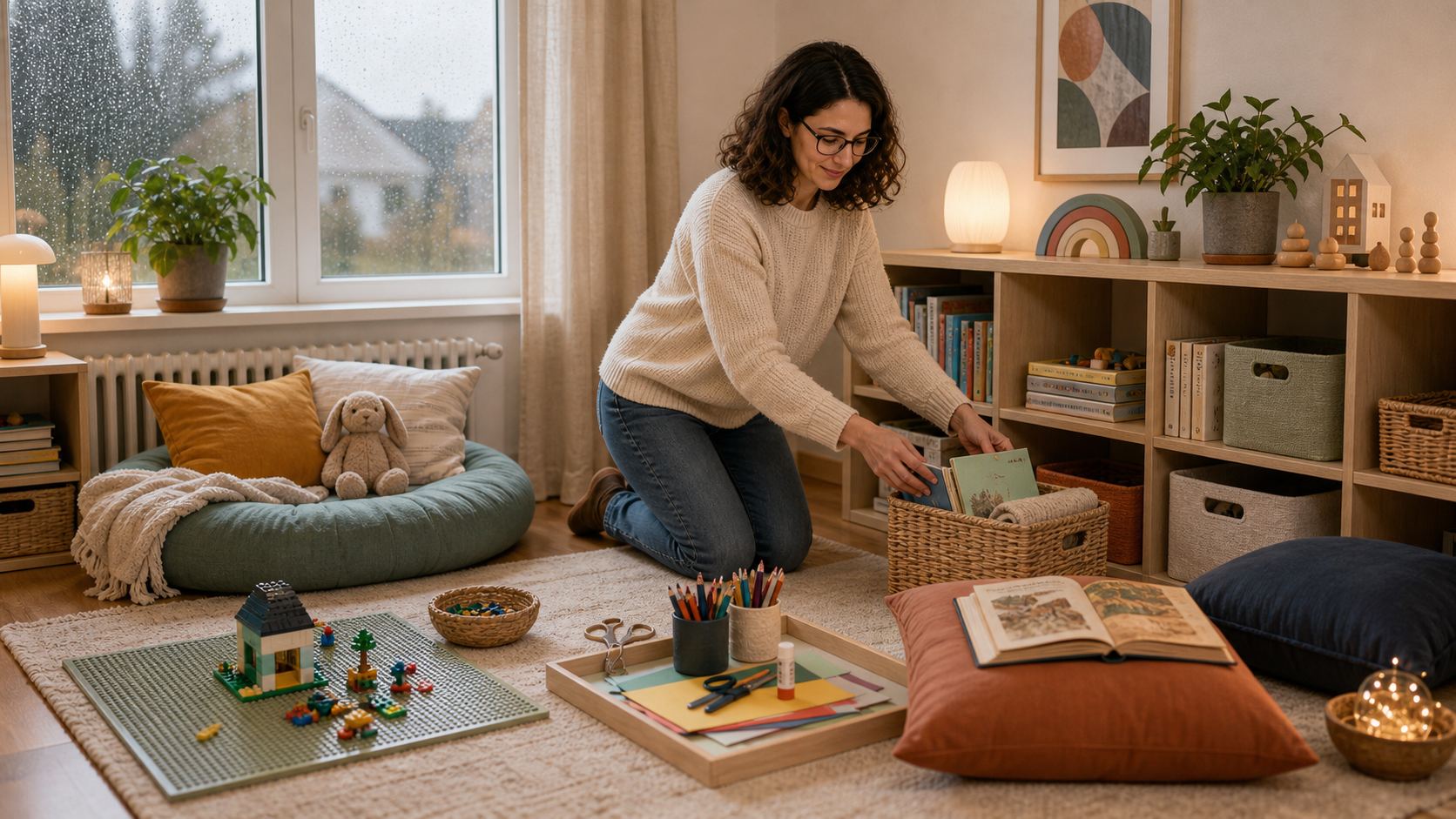 Melina Klang richtet im Kinderzimmer Spielzonen für Bauen, Lesen, Basteln und Aufräumen an einem Regentag ein
