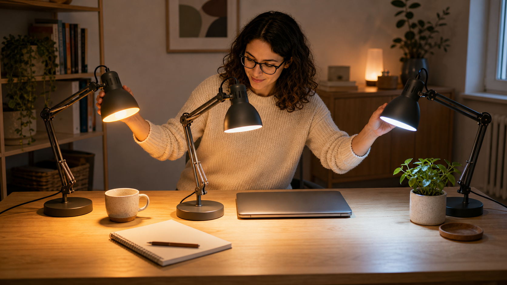 Melina Klang vergleicht im Homeoffice verschiedene Schreibtischlampen und Lichtfarben auf dem Tisch