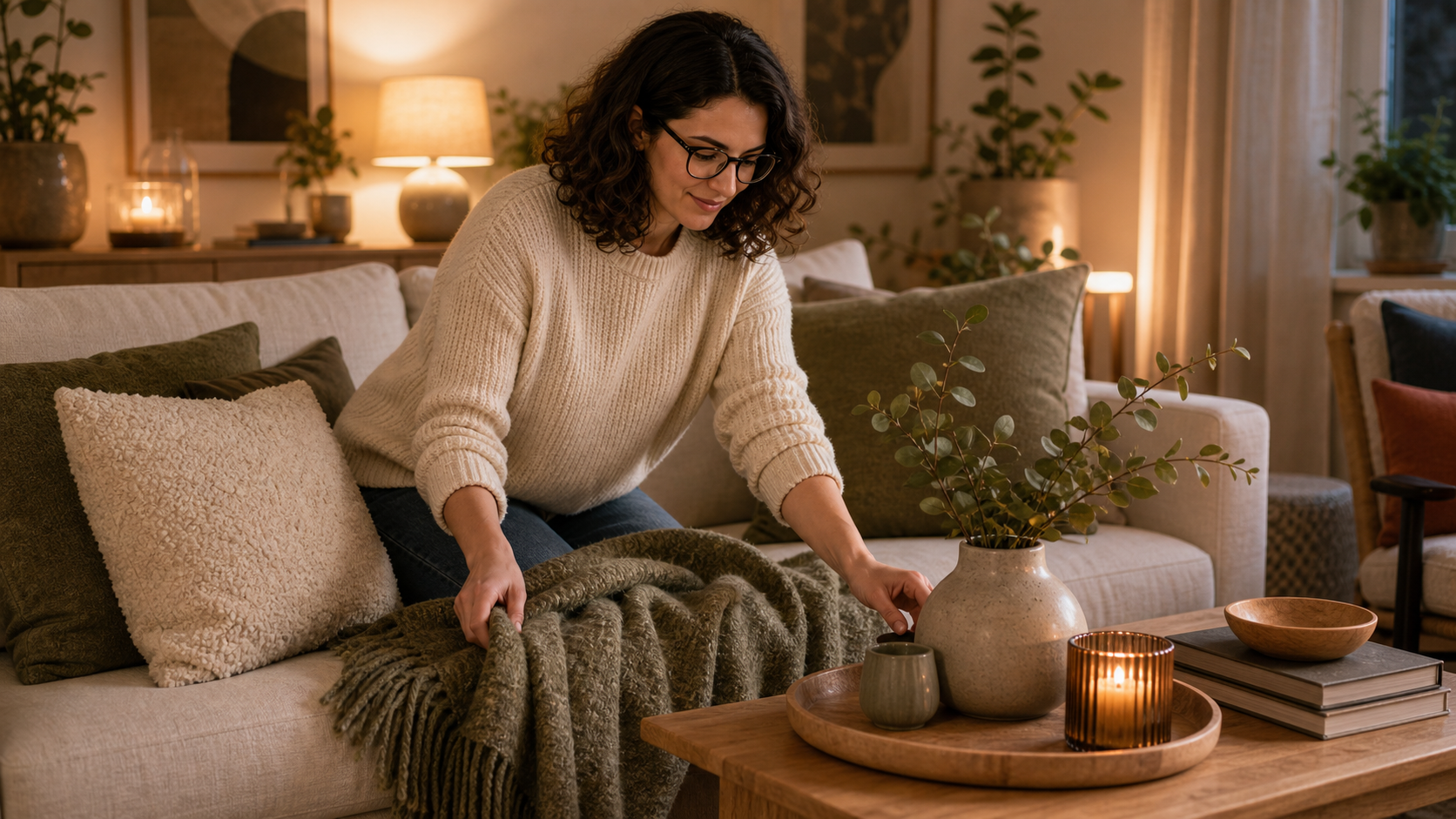 Melina Klang arrangiert im Wohnzimmer Wolle, Bouclé, Holz und Keramik in warmer Herbststimmung
