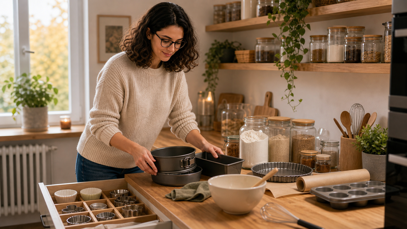 Melina Klang sortiert in der Küche Mehl, Gewürze, Backformen und Schubladen für Herbstbacken