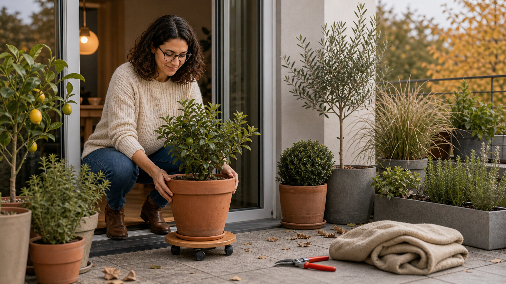 Melina Klang sortiert auf der Terrasse Kübelpflanzen nach frostempfindlich und robust für die Überwinterung