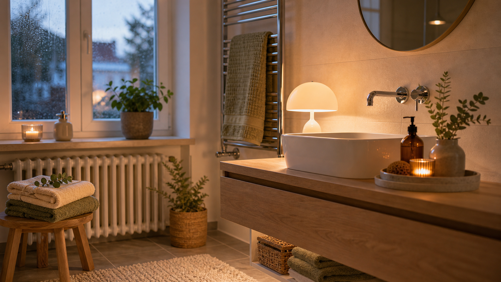 Helles Badezimmer mit warmem Licht, Badematte, Handtuch und kleinen Komfortdetails für kalte Morgen