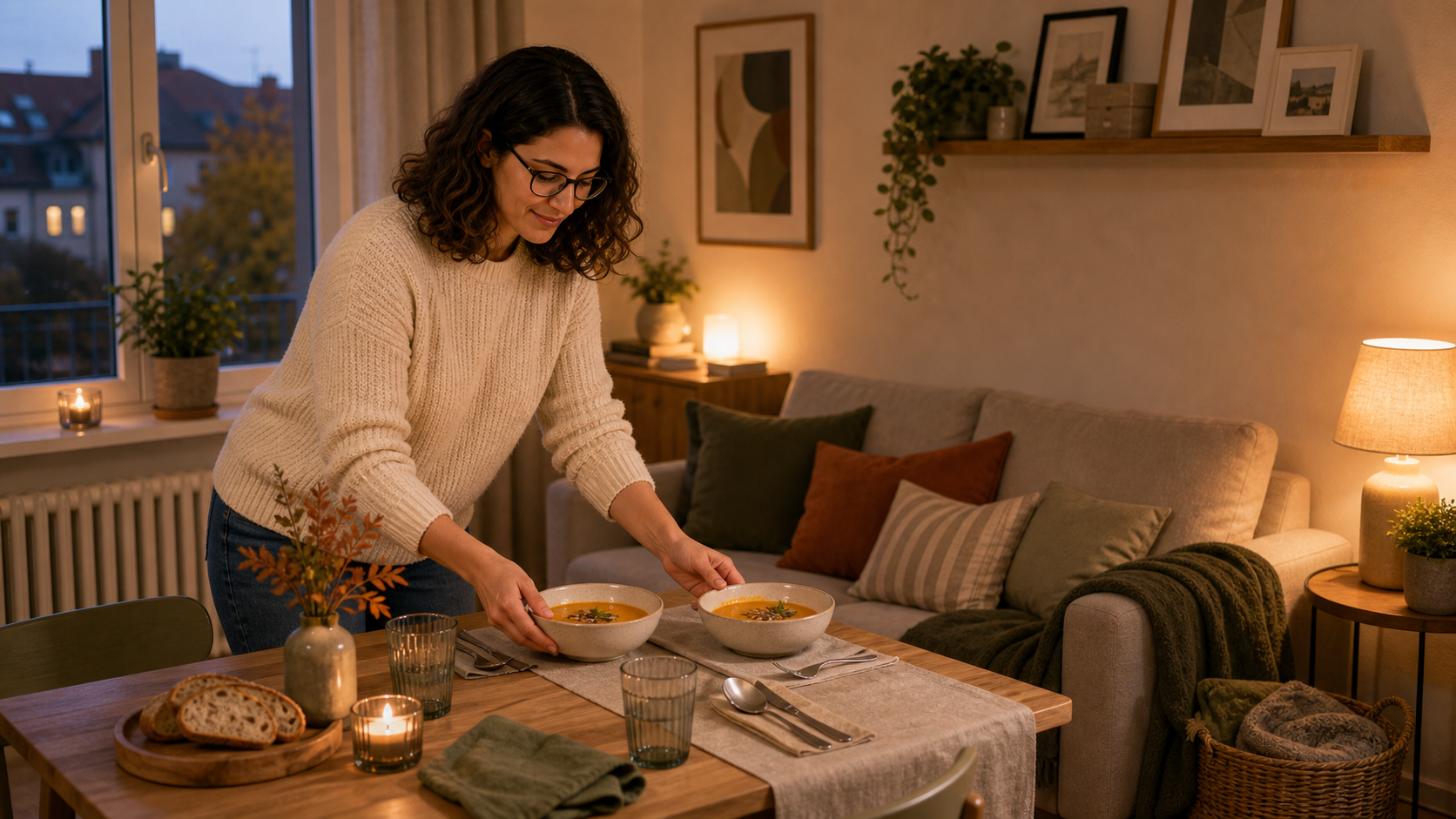 Melina Klang deckt in einem kleinen Wohnzimmer einen kompakten Esstisch in warmer Herbststimmung