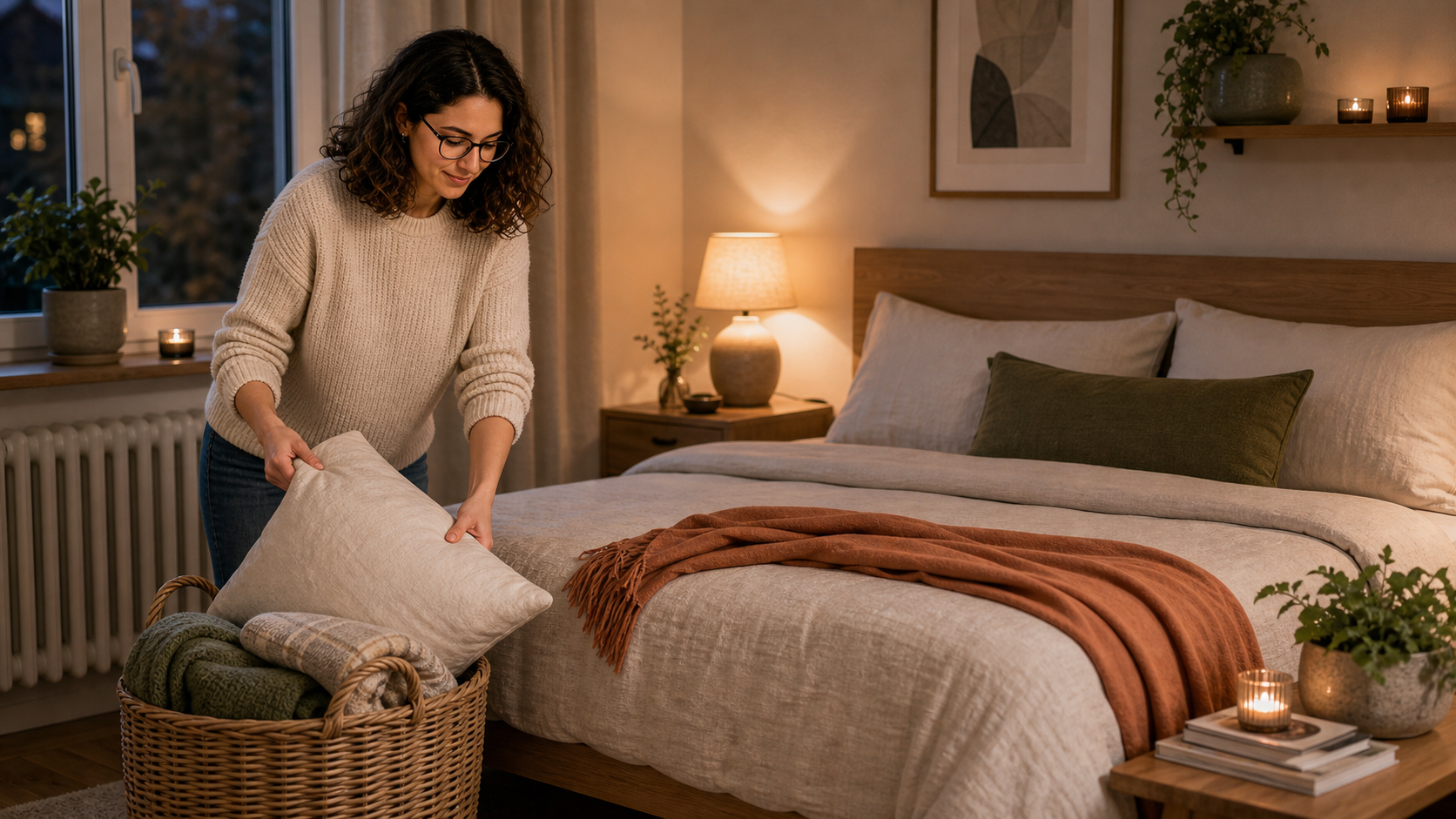 Melina Klang reduziert im Schlafzimmer Kissen, Decken und Plaids auf eine ruhige, praktische Auswahl