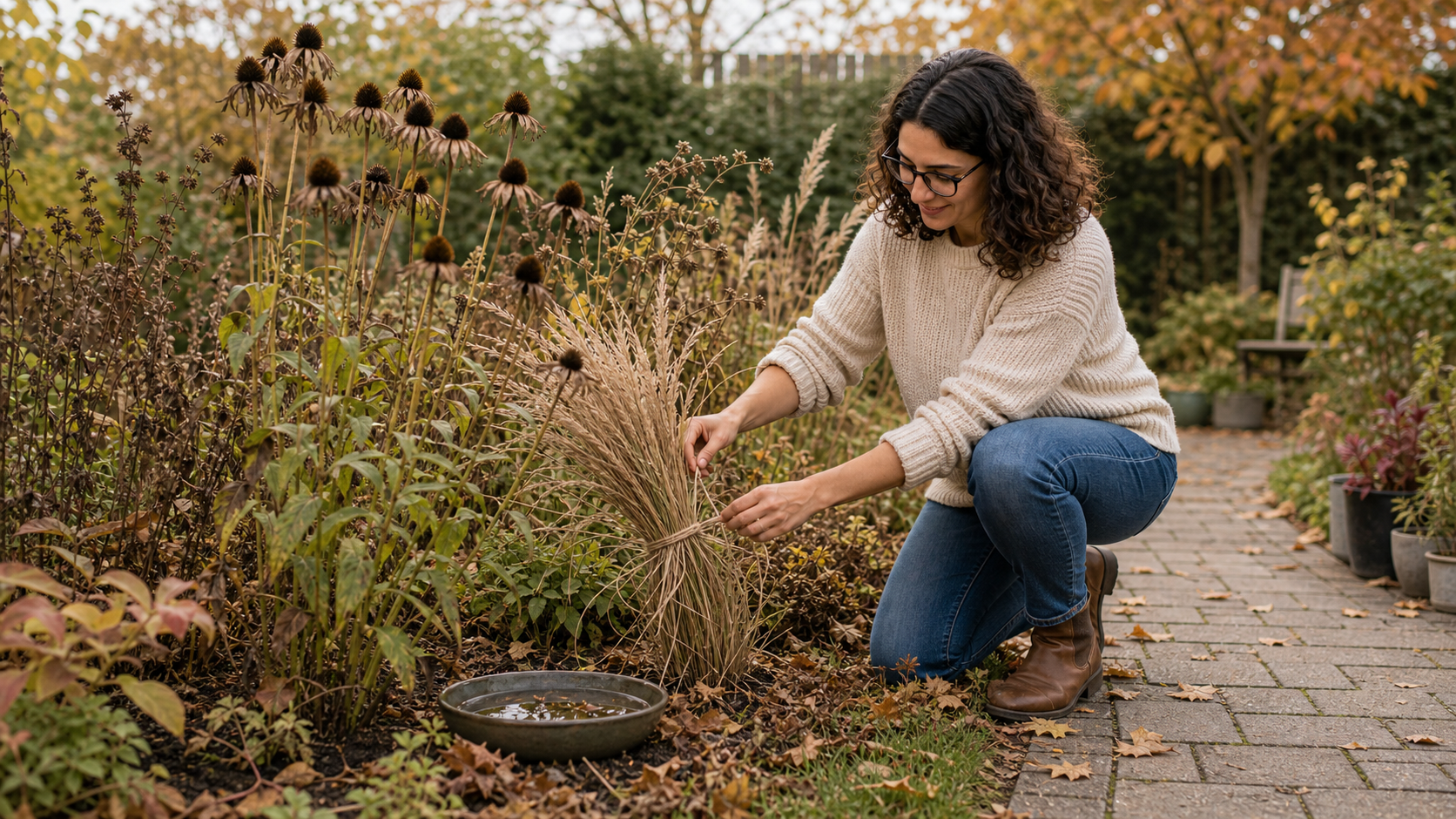 Melina Klang lässt in einem herbstlichen Garten Samenstände und Gräser als natürliche Strukturen stehen