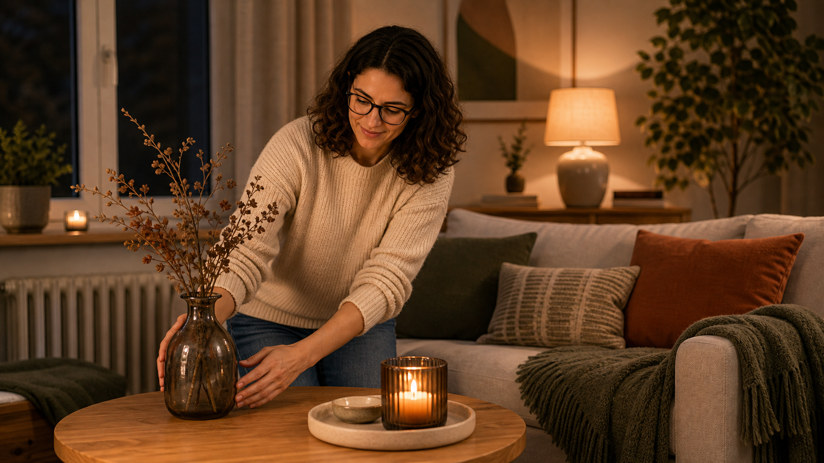 Melina Klang arrangiert im Wohnzimmer eine Kerze im Glas mit sicherem Abstand zu Stoffen und Zweigen