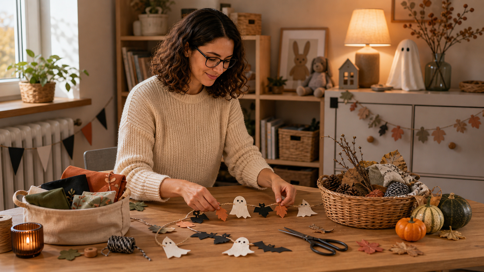 Melina Klang arrangiert im Kinderzimmer Halloween-Deko aus Papier, Stoff, Zweigen und kleinen Kürbissen