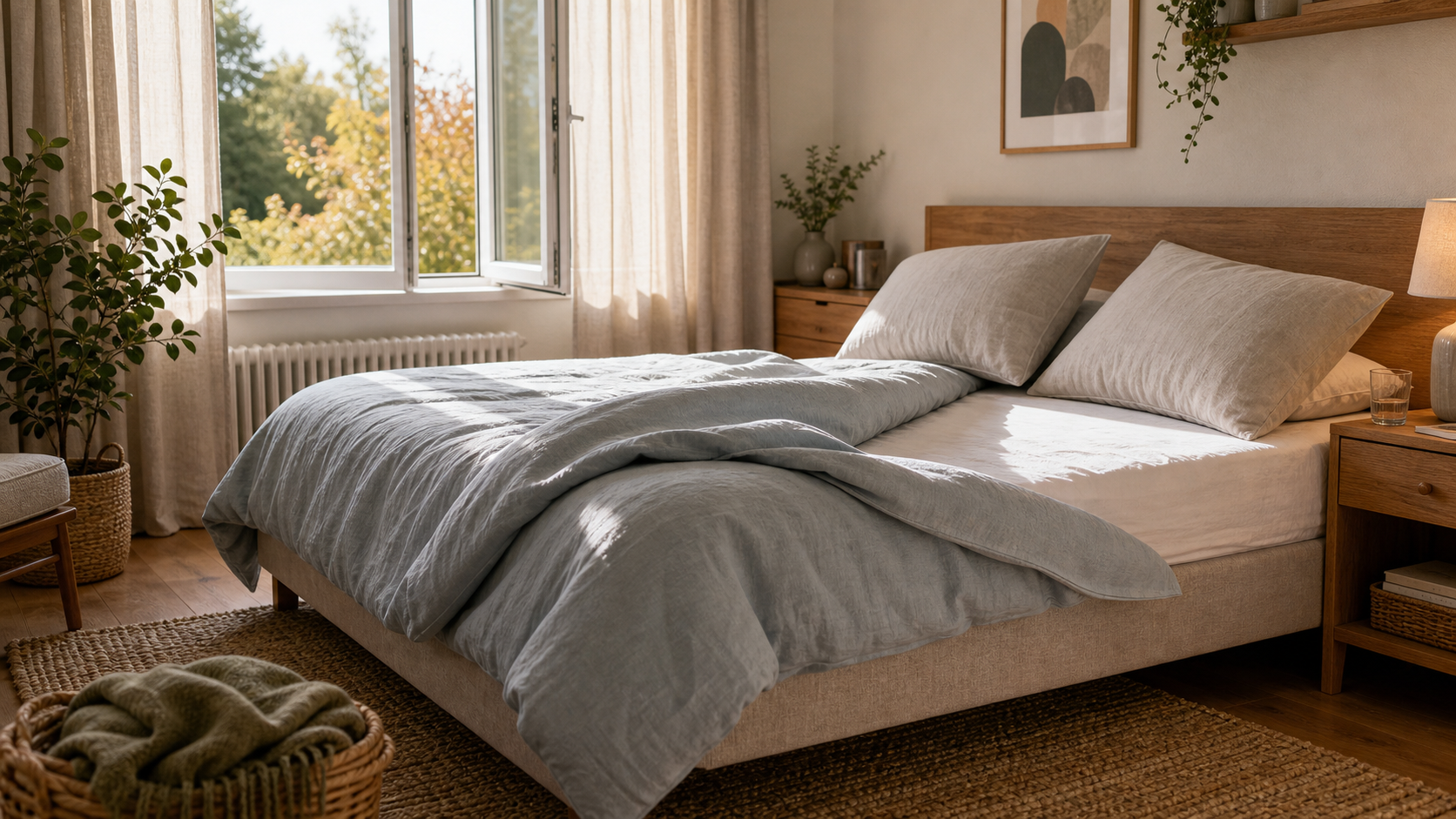 Ruhiges Schlafzimmer mit aufgeschlagener Bettdecke, offenem Fenster und frischem Morgenlicht