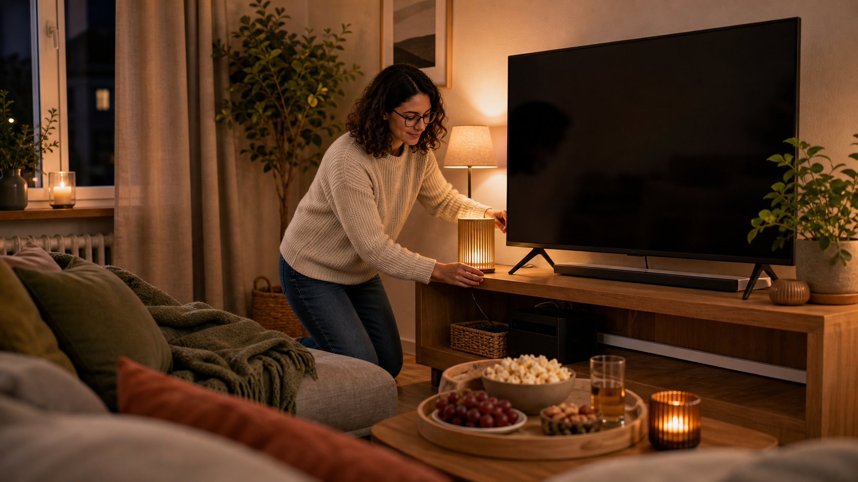 Melina Klang richtet im Wohnzimmer einen Fernsehabend mit indirektem Licht, geordneten Kabeln und kleinem Snacktablett ein