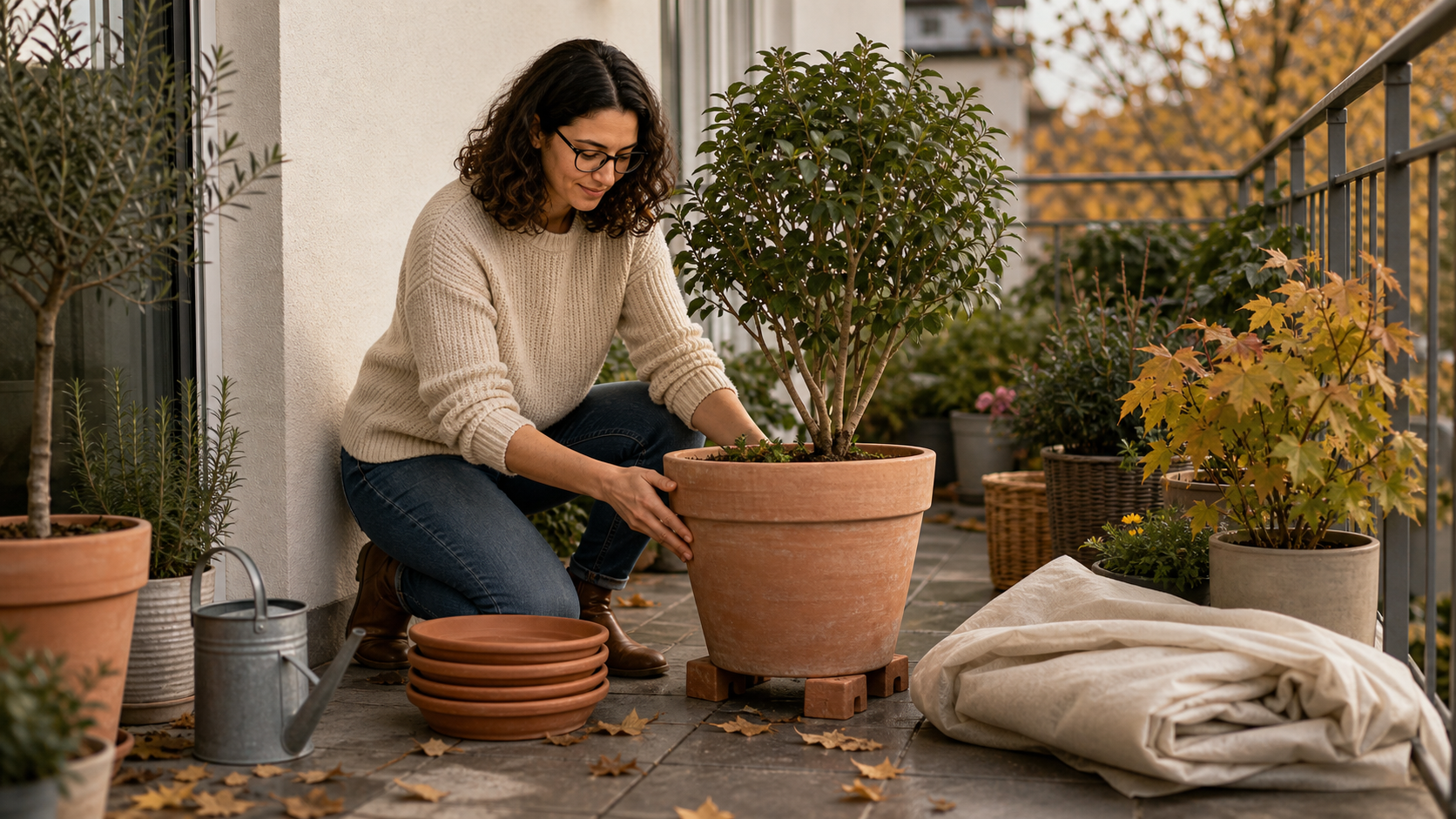 Melina Klang bereitet auf dem Balkon Vlies, Topffüße und geschützte Standorte für Kübelpflanzen vor