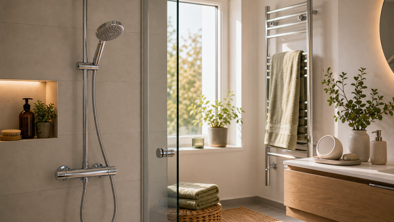 Helles Bad mit Dusche, effizientem Duschkopf, Handtuch und warmen Komfortdetails zum Warmwassersparen