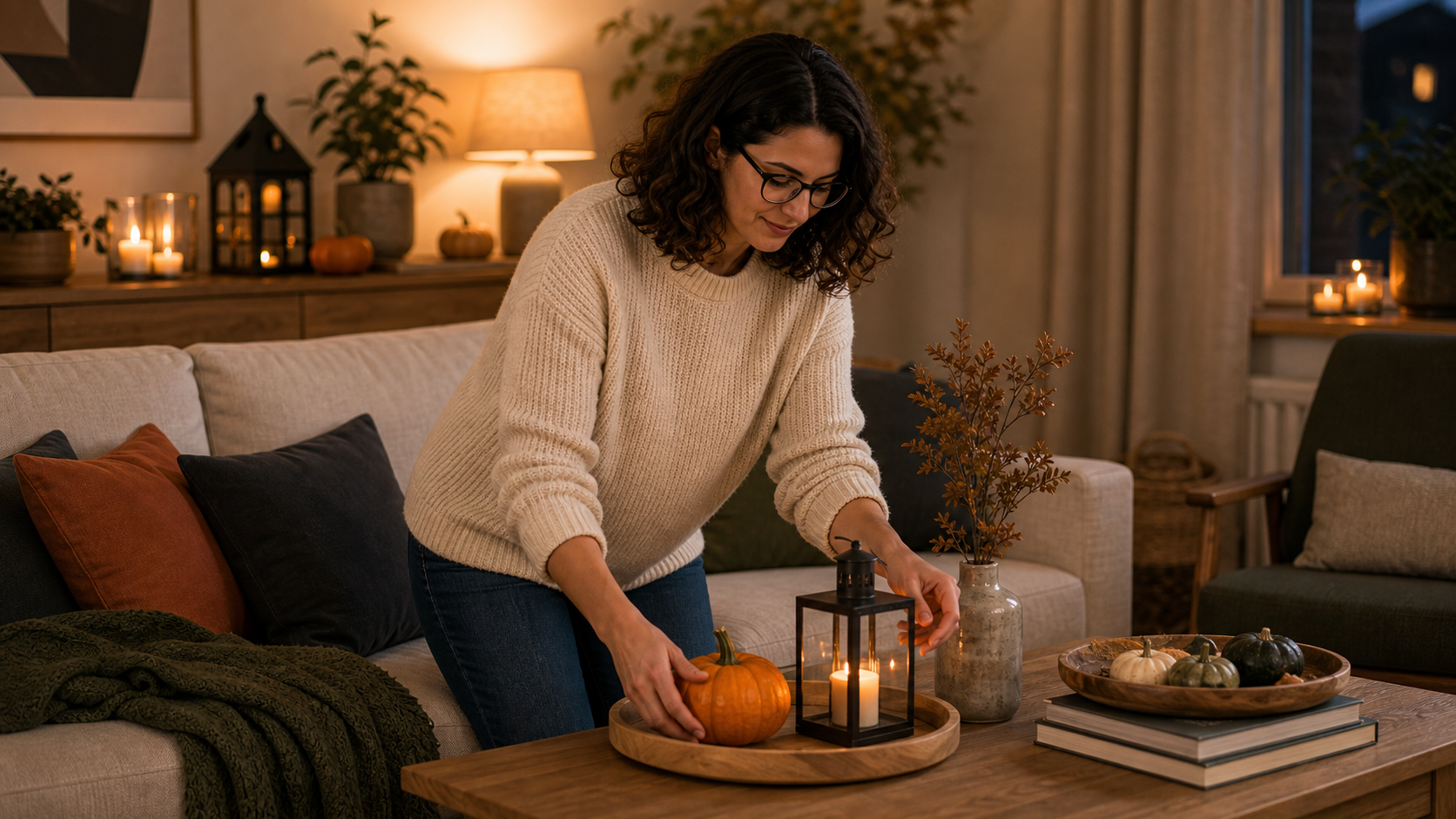 Melina Klang dekoriert ein Wohnzimmer dezent für Halloween mit warmem Licht, Kürbissen und sicheren Laternen